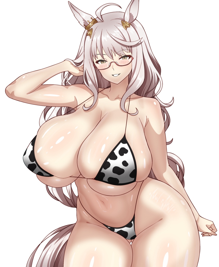 1girl a-sui absurdres ahoge alternate_breast_size_(larger) animal_ears animal_print bikini biwa_hayahide_(umamusume) breasts commentary_request cow_print cow_print_bikini cowboy_shot curvy glasses gluteal_fold grey_hair hand_up highres horse_ears horse_girl horse_tail huge_breasts long_hair looking_at_viewer navel print_bikini red-framed_eyewear semi-rimless_eyewear simple_background skindentation smile solo string_bikini swimsuit tail umamusume under-rim_eyewear white_background yellow_eyes