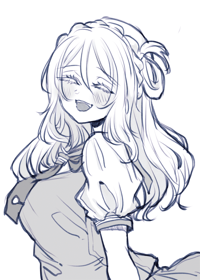 1girl :d ^_^ absurdres blush braid breasts closed_eyes commentary crown_braid greyscale hair_rings highres large_breasts long_hair love_live! love_live!_sunshine!! monochrome ohara_mari one_side_up open_mouth puffy_short_sleeves puffy_sleeves rinren_(chun8chun8chun) school_uniform serafuku short_sleeves single_hair_ring smile solo summer_uniform teeth tie_clip upper_body upper_teeth_only uranohoshi_school_uniform vest