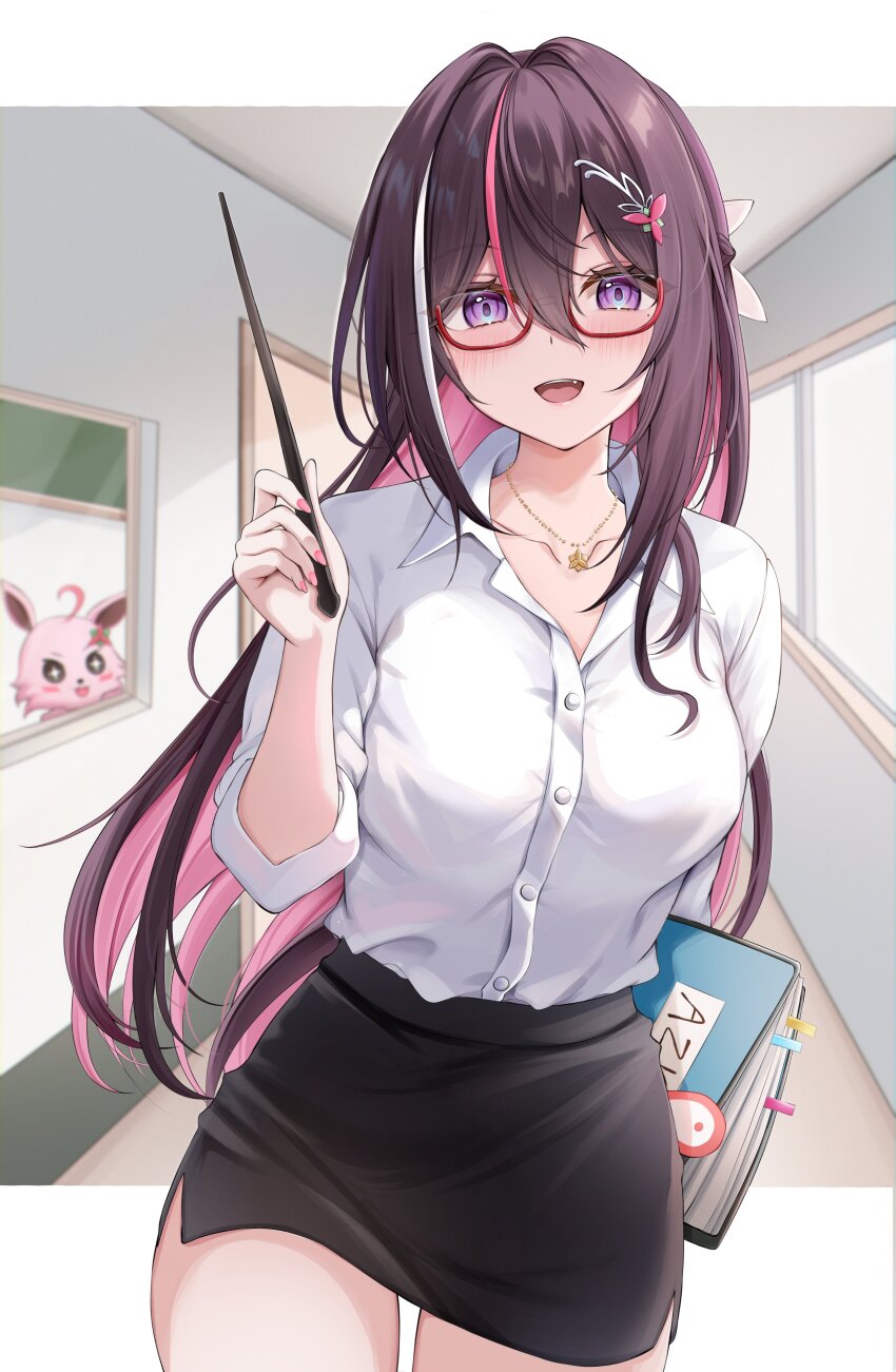 1girl 7nopi :d absurdres alternate_costume asymmetrical_sidelocks azki_(hololive) black_hair black_skirt braid breasts collared_shirt colored_inner_hair commentary_request double-parted_bangs dress_shirt glasses hair_intakes hair_ornament hairclip half_up_braid highres holding hololive indoors large_breasts long_hair looking_at_viewer miniskirt mole mole_under_eye multicolored_hair open_mouth pencil_skirt pink_hair pink_streaks pioneer_(azki) purple_eyes red-framed_eyewear semi-rimless_eyewear shirt shirt_tucked_in sidelocks skirt smile solo teacher three-quarter_sleeves very_long_hair virtual_youtuber white_shirt white_streaks