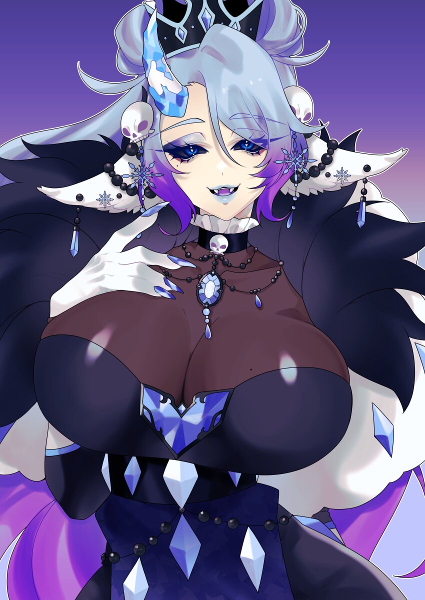 1girl absurdres black_sclera blue_eyes blue_hair blue_horns blue_lips breasts colored_sclera commentary english_commentary fangs gradient_background gradient_hair hair_ornament highres horns indie_virtual_youtuber large_breasts long_hair looking_at_viewer meromune multicolored_hair open_mouth purple_hair single_horn skull_hair_ornament solo veta_valentine virtual_youtuber