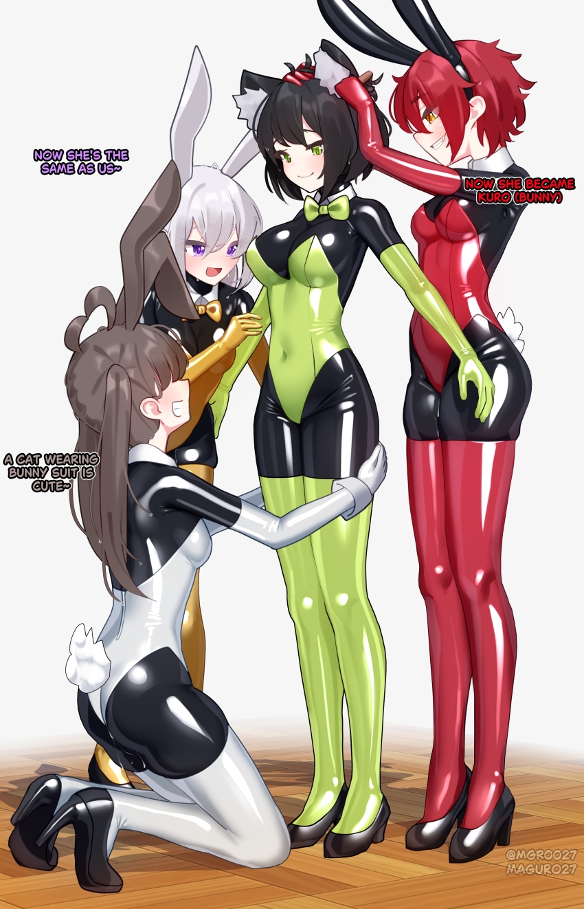 4girls animal_costume animal_ears bdsm black_hair bodysuit bow bowtie brown_hair fake_animal_ears gloves green_eyes high_heels kneeling latex latex_bodysuit latex_gloves latex_leotard latex_thighhighs leotard living_clothes long_hair maguro27 mary_janes multiple_girls purple_eyes pussy_juice pussy_juice_trail rabbit_costume rabbit_ears red_hair shoes short_hair standing thighhighs variant_set white_hair wooden_floor yellow_eyes