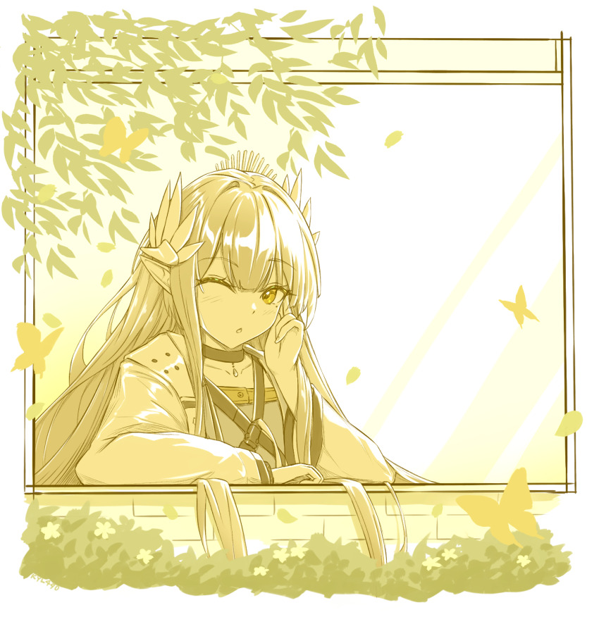 1girl ;o arknights choker collarbone commentary elf english_commentary falling_leaves hair_ornament hand_on_own_ear highres jacket kyl490 leaf long_hair long_sleeves looking_at_viewer mole mole_under_eye muelsyse_(arknights) one_eye_closed open_clothes open_jacket parted_lips plant pointy_ears solo upper_body window windowsill yellow_theme