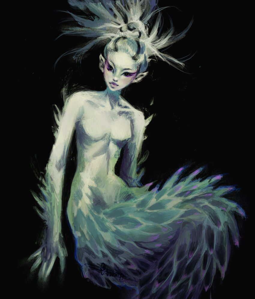 1girl absurdres arm_spikes black_background black_eyes commentary english_commentary eyeshadow fingernails floating_hair glowing hair_bun head_tilt highres long_hair looking_at_viewer makeup mermaid messy_hair monster_girl nude original pink_eyeshadow pointy_ears ribs sharp_fingernails shoulder_spikes simple_background smile solo spikes toned toned_female twulfs