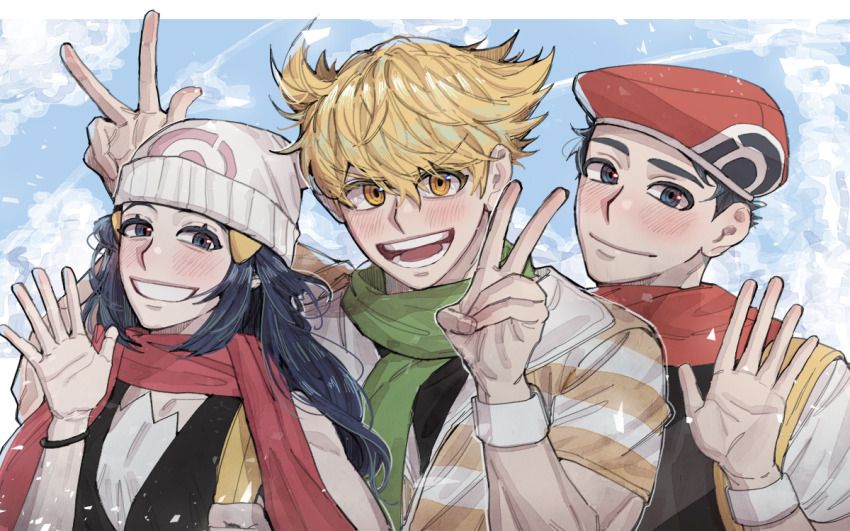 1girl 2boys :d barry_(pokemon) beanie blonde_hair blue_eyes blue_hair blue_sky bracelet cloud cloudy_sky dawn_(pokemon) day double_v green_scarf grin hair_ornament hairclip hands_up hat jacket jewelry long_hair looking_at_viewer lucas_(pokemon) multiple_boys nintendo open_mouth outdoors parallel_hairclips pokemon pokemon_dppt red_hat red_scarf scarf short-sleeved_jacket short_sleeves sidelocks sky sleeveless smile striped_clothes striped_jacket v washing_(psg011204) waving yellow_bag yellow_eyes