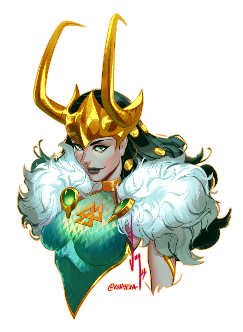 1girl alternate_form armor black_hair black_lips breasts cape commentary english_commentary fake_horns fur-trimmed_cape fur_trim green_armor green_eyes hair_ornament hair_slicked_back highres horned_headwear horns lady_loki large_breasts linea_alba loki_(marvel) long_hair looking_at_viewer marvel marvel_rivals official_alternate_costume painttool_sai_(medium) scale_armor solo thor_(marvel)_(series) twitter_username upper_body vontvirus white_background