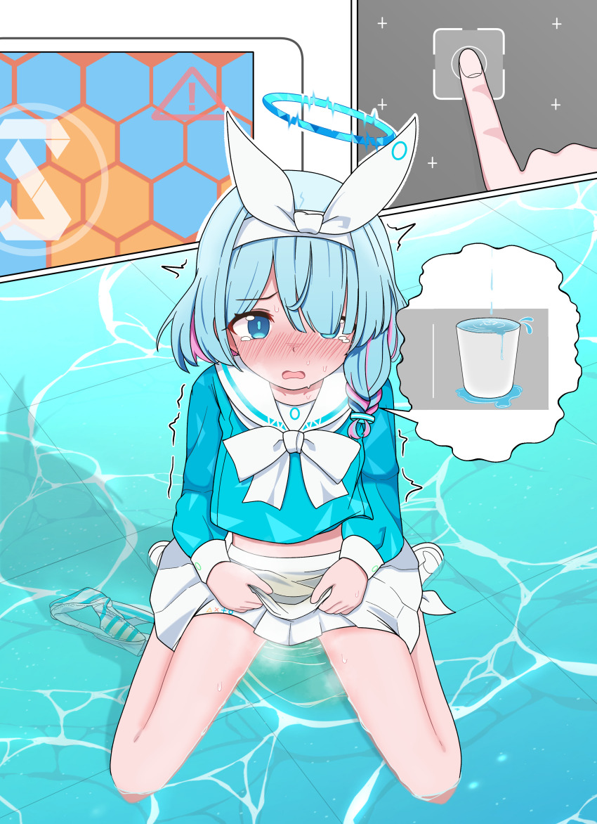 1girl absurdres arona_(blue_archive) blue_archive blue_eyes blue_hair blue_shirt blush braid commentary_request hair_over_one_eye hairband halo highres lmc_(lmcgarage) loli long_sleeves multicolored_hair nose_blush open_mouth panties pee peeing peeing_self pleated_skirt ribbon sailor_collar school_uniform serafuku shirt shoes sitting skirt striped_clothes striped_panties tears trembling two-tone_hair underwear water wet wet_clothes white_hairband white_ribbon white_sailor_collar white_skirt
