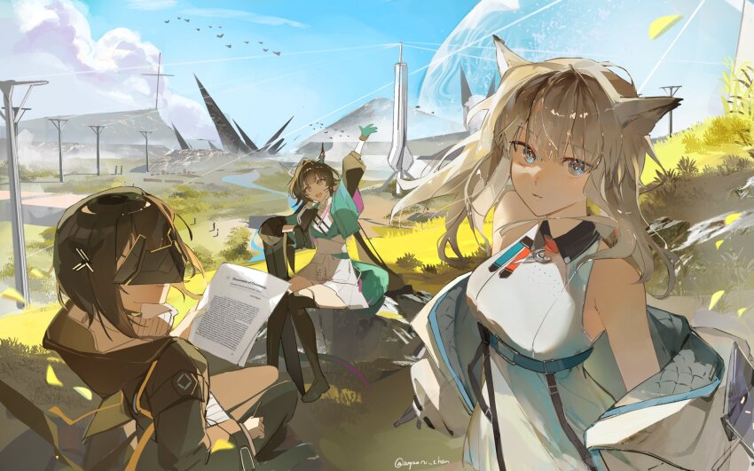 3girls agaaru_chan animal_ears aqua_capelet arknights arknights:_endfield bare_shoulders black_boots black_hair black_jacket black_pants blue_eyes boots capelet chen_qianyu_(arknights) closed_mouth dragon_girl dragon_horns dragon_tail dress endministrator_(arknights) eye_mask female_endministrator_(arknights) grey_eyes grey_hair hashtag-only_commentary highres holding holding_paper holding_sword holding_weapon horns jacket knee_boots leaning_on_weapon long_hair looking_at_viewer mask multiple_girls open_clothes open_jacket pants paper perlica_(arknights) shirt short_hair sitting skirt sleeveless sleeveless_dress smile sweater sword tail turtleneck turtleneck_sweater twintails weapon white_dress white_jacket white_shirt white_skirt white_sweater