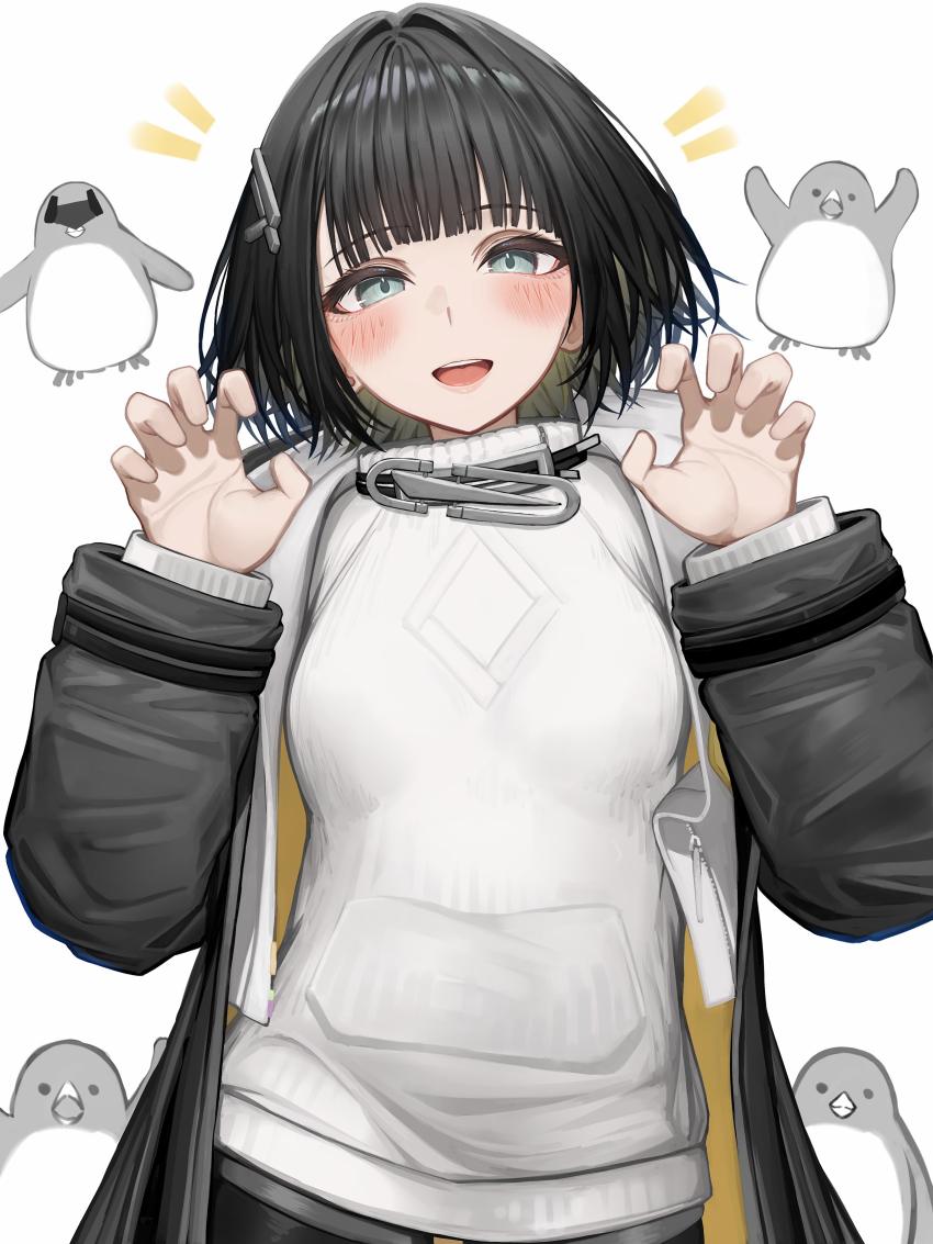 1girl absurdres arknights arknights:_endfield bird black_hair black_jacket blush breasts claw_pose commentary_request endministrator_(arknights) female_endministrator_(arknights) grey_eyes hair_ornament hands_up highres jacket layered_sleeves looking_at_viewer medium_breasts medium_hair open_mouth partial_commentary penguin simple_background solo sweater tab_head teeth upper_body upper_teeth_only white_background white_sweater
