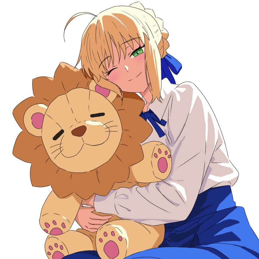 1girl ahoge artoria_pendragon_(fate) aruremo1129 blonde_hair blue_ribbon blue_skirt braid bun_with_braided_base collared_shirt commentary fate/stay_night fate_(series) green_eyes hair_bun hair_ribbon high-waist_skirt highres hugging_doll hugging_object long_sleeves neck_ribbon one_eye_closed ribbon saber_(fate) shirt sidelocks simple_background skirt smile solo stuffed_animal stuffed_lion stuffed_toy symbol-only_commentary white_background white_shirt