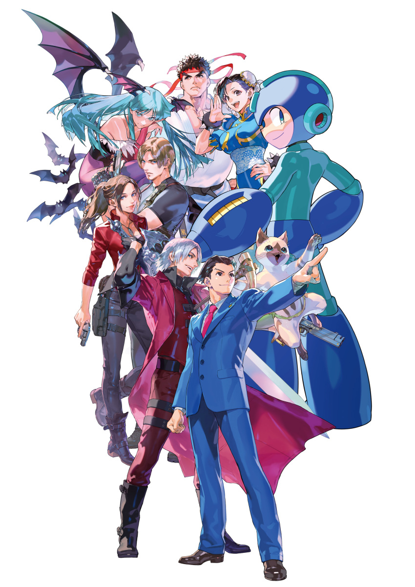 3girls 5boys absurdres ace_attorney android arm_cannon bat_(animal) bat_wings black_boots black_hair black_shirt blonde_hair blue_bodysuit blue_eyes blue_hair blue_helmet blue_jacket blue_suit bodysuit boots bracelet bridal_gauntlets brown_eyes brown_hair bun_cover capcom cat china_dress chinese_clothes chun-li claire_redfield coat colorpoint_(pattern) dante_(devil_may_cry) demon_girl denim devil_may_cry_(series) double_bun dress ebony_&amp;_ivory everyone felyne forked_eyebrows formal_clothes frown gloves gun hair_bun hand_on_own_hip handgun head_wings headband helmet highleg highleg_leotard highres holding holding_gun holding_sword holding_weapon jacket jewelry lapel_pin leon_s._kennedy leotard looking_at_viewer martial_arts_belt mega_man_(character) mega_man_(series) mita_chisato monster_hunter_(series) morrigan_aensland multiple_boys multiple_girls muscular muscular_male non-web_source off-shoulder_leotard official_art open_mouth pantyhose phoenix_wright pointing print_pantyhose purple_pantyhose purple_wings red_coat red_headband red_jacket resident_evil robot ryu_(street_fighter) shirt short_hair siamese_cat smile spiked_bracelet spiked_hair spikes street_fighter suit sword teeth upper_teeth_only weapon whiskers white_background white_hair wild_felyne wings
