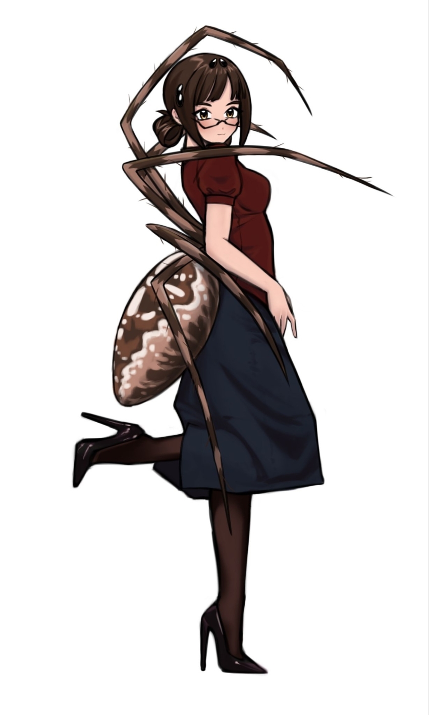 1girl :| arthropod_girl breasts brown_eyes catac0re closed_mouth commentary extra_arms extra_eyes full_body glasses high_heels highres insect_girl long_skirt looking_at_viewer medium_breasts monster_girl original russian_commentary short_sleeves skirt solo spider_girl standing standing_on_one_leg thick_eyebrows white_background