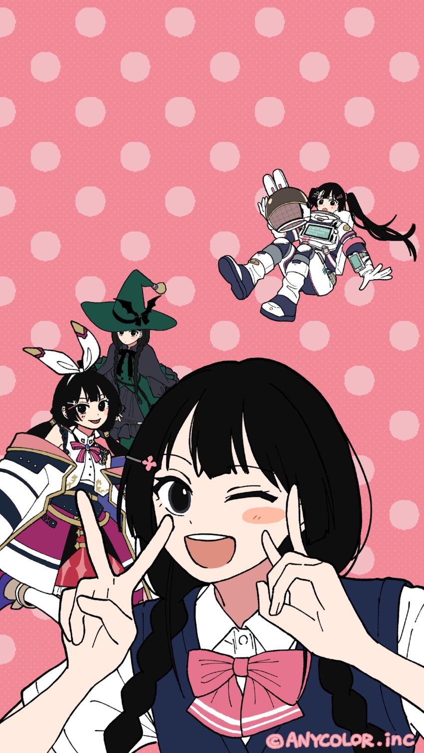 1girl :d absurdres animal_ear_hairband animal_ear_helmet animal_ears animal_helmet astronaut black_eyes black_hair blue_sweater_vest blush_stickers bow bowtie clock coalowl coat collared_shirt commentary_request copyright_notice digital_clock double_v fake_animal_ears fake_phone_screenshot fake_screenshot flat_color green_hat hair_ornament hair_over_shoulder hairband hairpin hands_up hat helmet highres holding holding_unworn_helmet long_hair looking_at_viewer low_twintails multiple_costumes multiple_views nijisanji off_shoulder official_art one_eye_closed open_clothes open_coat open_mouth pink_background pink_bow pink_bowtie polka_dot polka_dot_background rabbit_ear_hairband rabbit_ears second-party_source shirt smile space_helmet spacesuit sweater_vest teeth tsukino_mito tsukino_mito_(astronaut) tsukino_mito_(jk_gumi_fantasy) tsukino_mito_(summer_uniform) tsukino_mito_(witch) twintails unworn_headwear unworn_helmet upper_teeth_only v variant_set virtual_youtuber white_coat white_shirt witch witch_hat