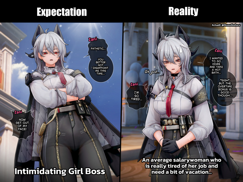 1girl 3d absurdres actualekusu arm_pouch armband black_armband black_horns black_tail button_gap cape chest_harness collared_shirt curled_horns demon_tail earrings harness high-waist_pants highres horns jacket jacket_on_shoulders jewelry key_earrings long_hair long_sleeves necktie non-web_source pants quilted_cape red_eyes red_necktie shirt shirt_tucked_in source_request tail tight_clothes tight_pants white_background white_hair white_shirt wuthering_waves zani_(wuthering_waves)