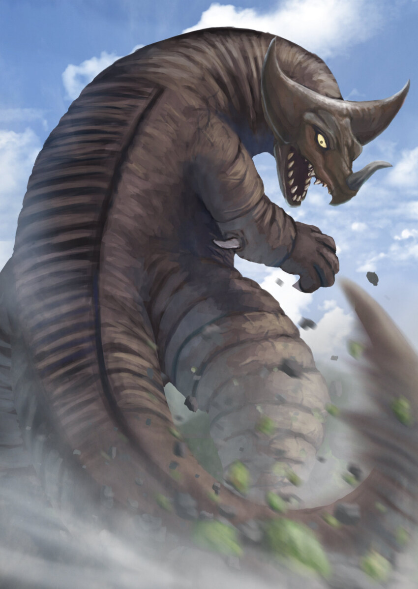 1boy blue_sky claws cloud commentary_request day debris dirt elbow_spikes from_behind giant giant_monster gomora highres horns kaiju mobile_suit motion_blur open_mouth outdoors sharp_teeth single_horn sky solo spiked_tail tail tail_whip teeth tokusatsu tree ultra_series ultraman_(1st_series) yamakazema yellow_eyes
