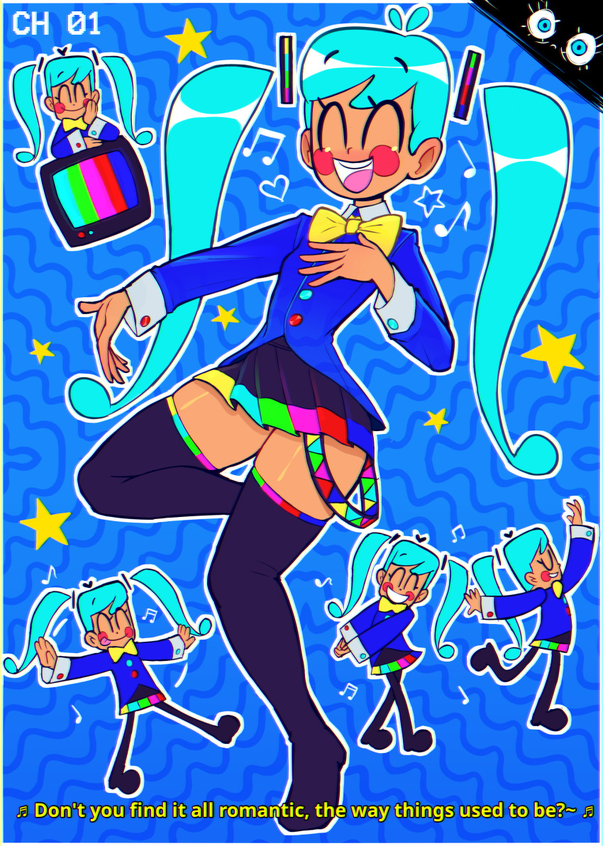1girl absurdres antenna_hair black_boots black_dress blue_background blue_hair blue_jacket blush blush_stickers boots bow bowtie closed_eyes dancing dress eyes_in_shadow grin hair_ornament hand_on_own_chest hatsune_miku head_rest highres jacket long_hair long_sleeves multiple_views music musical_note open_mouth rukisan(pixiv) school_uniform singing smile spoken_musical_note standing static_(vocaloid) subtitled teeth television test_card thigh_boots tongue tongue_out twintails vocaloid yellow_bow yellow_bowtie