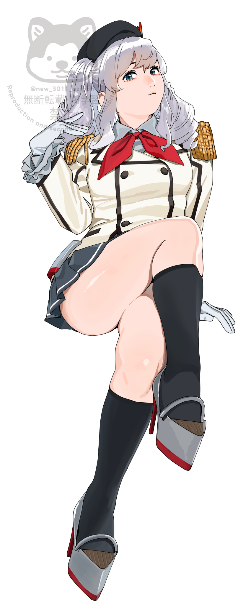 1girl :3 absurdres beret black_hat black_socks blue_eyes commentary_request epaulettes frilled_sleeves frills full_body grey_hair grey_skirt hat hat_ornament highres invisible_chair jacket kantai_collection kashima_(kancolle) long_hair long_sleeves military_uniform ojipon pleated_skirt rudder_footwear sitting skirt smile socks solo watermark wavy_hair white_background white_jacket