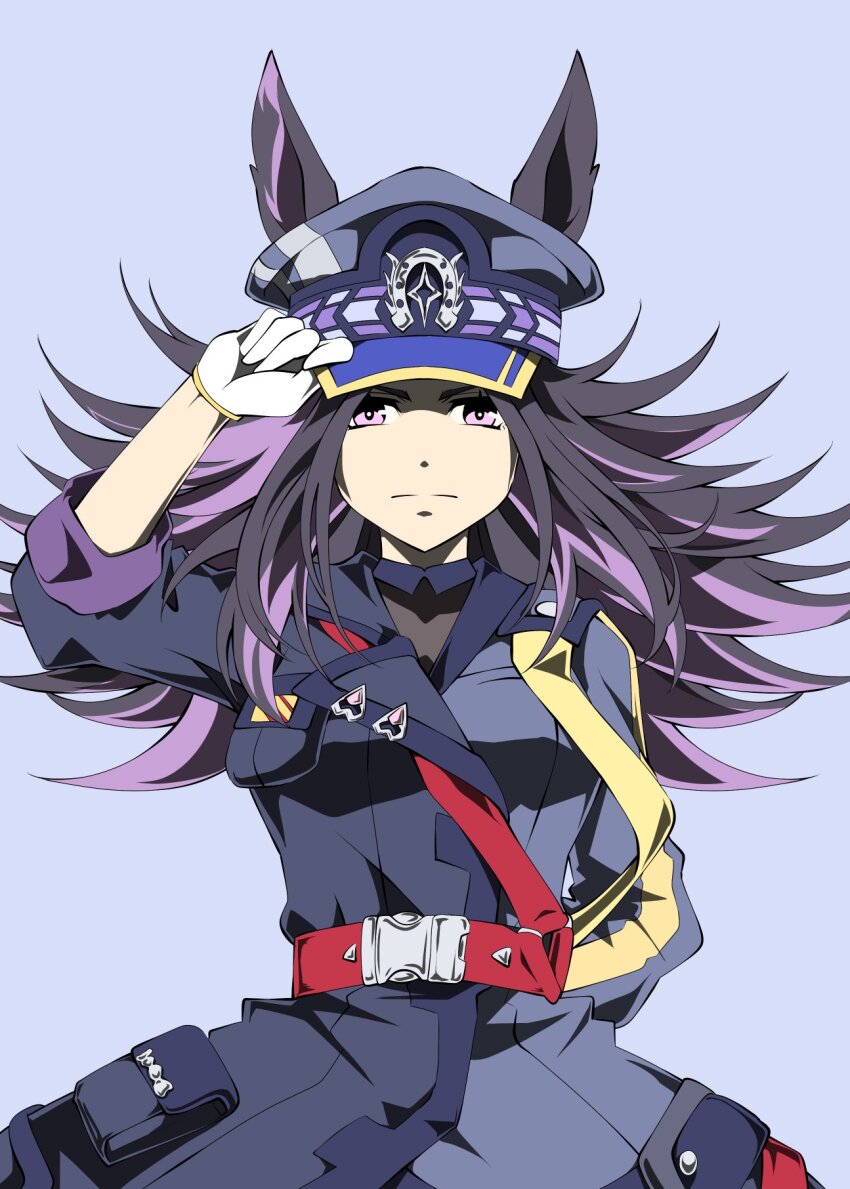 1girl animal_ears black_hair black_jacket black_shirt breasts closed_mouth commentary_request ears_through_headwear fenomeno_(black_flames_of_the_righteous_spirit)_(umamusume) fenomeno_(umamusume) flipped_hair gloves hat highres horse_ears horse_girl horseshoe_hat_ornament horseshoe_ornament jacket long_hair long_sleeves looking_at_viewer multicolored_hair peaked_cap purple_eyes purple_hair shirt simple_background solo umamusume white_gloves zukki_(bijitaru)