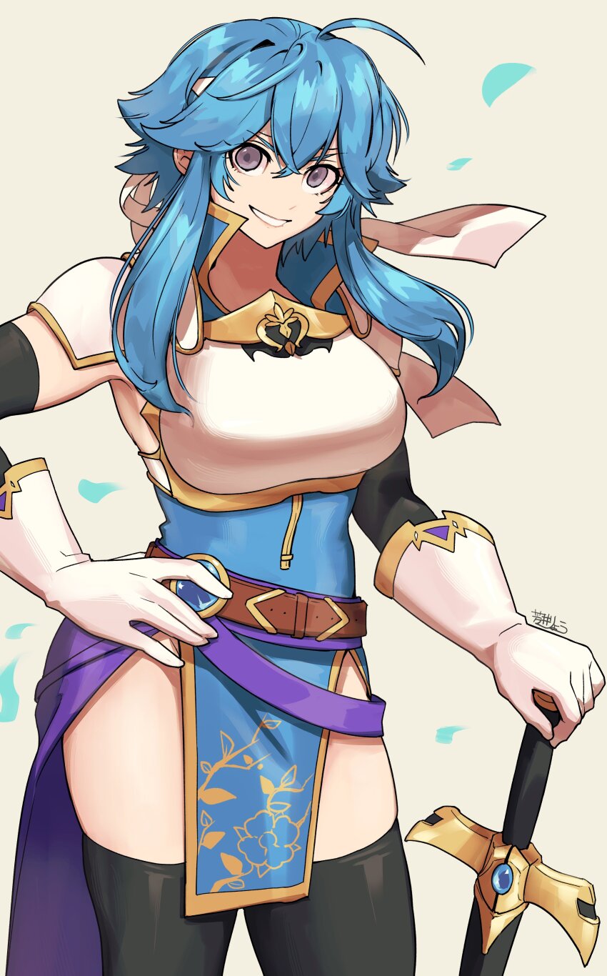 1girl absurdres ahoge armor armpits belt blue_hair blue_tunic breastplate breasts brooch commentary commission commissioner_upload elbow_gloves english_commentary fire_emblem fire_emblem:_genealogy_of_the_holy_war gloves grin hand_on_own_hip headband highres holding holding_sword holding_weapon jewelry looking_at_viewer medium_breasts nintendo original pelvic_curtain popped_collar purple_eyes ryo_yo_shi sash selia_(mrtalkingdino) sheath sheathed short_hair shoulder_armor sidelocks simple_background skeb_commission skindentation sleeveless smile solo standing sword thick_thighs thighhighs thighs tomboy tunic weapon white_headband