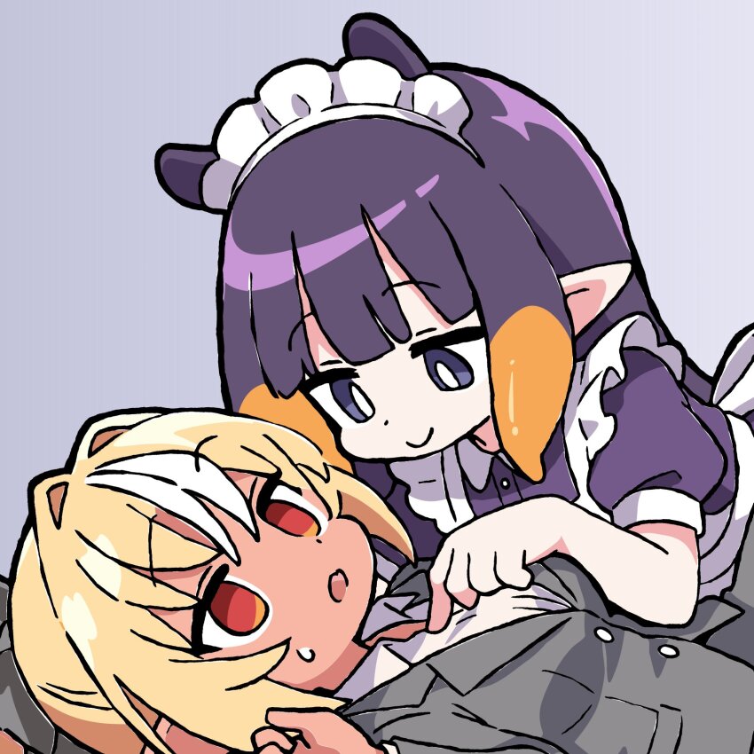 apron black_sleeves black_suit blonde_hair blunt_bangs breasts collared_shirt commentary english_commentary formal_clothes grey_background hand_on_another's_chest highres hololive hololive_english hyperkit long_hair lying maid maid_headdress multicolored_hair ninomae_ina'nis open_mouth pointy_ears purple_hair red_eyes shiranui_flare shirt smile suit sweatdrop tentacle_hair white_apron white_shirt white_streaks yuri