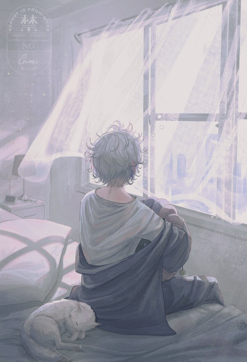 1boy absurdres alternate_costume blue_jacket blue_pants ca_mei cat curtains facing_away fuwa_minato grey_hair hashtag-only_commentary highres indoors jacket lamp light_particles male_focus messy_hair nijisanji on_bed pants see-through_curtains shirt sitting solo virtual_youtuber white_shirt window