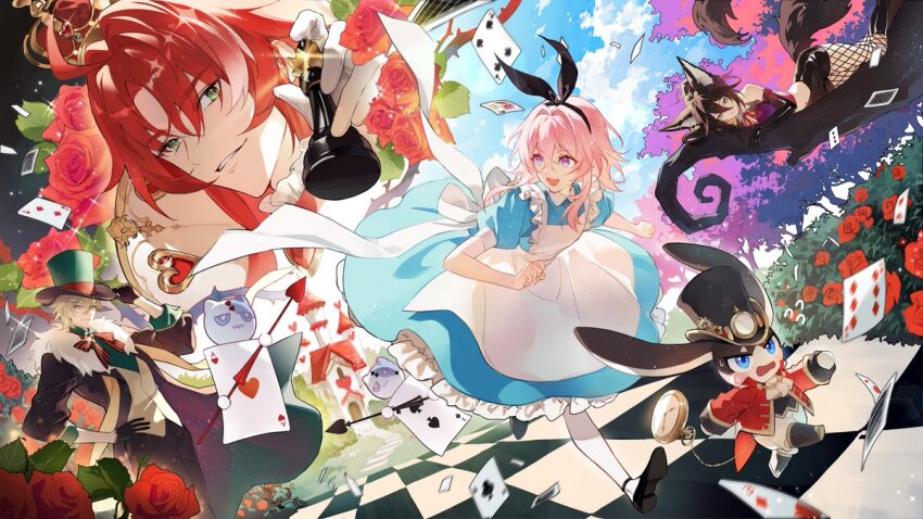 2boys 2girls :d ahoge alice's_adventures_in_wonderland alice_(alice_in_wonderland) alice_(alice_in_wonderland)_(cosplay) animal_ears apron arched_crown argenti_(honkai:_star_rail) ascot aventurine_(honkai:_star_rail) back_bow bare_shoulders black_boots black_bow black_coat black_gloves black_hairband black_hat black_pants black_shorts blonde_hair blue_dress blue_eyes boots bow bow_hairband bowtie brown_hair card card_soldier castle checkered_floor cheshire_cat_(alice_in_wonderland) cheshire_cat_(alice_in_wonderland)_(cosplay) chess_piece closed_mouth cloud coat collared_dress cosplay cowboy_shot creature crop_top crown curtained_hair day dress feet_out_of_frame fishnet_pantyhose fishnets floating_card flower fox_ears fox_girl fox_tail frilled_apron frilled_shirt_collar frills full_body fur-trimmed_coat fur_trim glint gloves gradient_eyes green_eyes green_hat green_shirt hair_between_eyes hairband hat heart hedge holding holding_chess_piece holding_polearm holding_weapon honkai:_star_rail honkai_(series) in_tree jacket knee_boots korean_commentary light_particles long_hair long_sleeves looking_at_viewer looking_back lop_rabbit_ears lying mad_hatter_(alice_in_wonderland) mad_hatter_(alice_in_wonderland)_(cosplay) march_7th_(honkai:_star_rail) masa_ashe medium_hair midriff mini_crown multicolored_eyes multiple_boys multiple_girls no_shoes on_stomach open_clothes open_coat open_mouth pants pantyhose parted_lips pendant_watch pink_eyes pink_hair playing_card polearm pom-pom_(honkai:_star_rail) ponytail portrait puffy_short_sleeves puffy_sleeves purple_eyes purple_shirt queen_of_hearts_(alice_in_wonderland) queen_of_hearts_(alice_in_wonderland)_(cosplay) rabbit_ears red_bow red_bowtie red_flower red_hair red_jacket red_rose rose running shirt short_hair short_ponytail short_shorts short_sleeves shorts sitting sitting_in_tree sleeveless sleeveless_shirt smile standing stole supportasse tail thorns tingyun_(honkai:_star_rail) top_hat tree two-tone_eyes v-shaped_eyebrows vest weapon white_apron white_ascot white_bow white_gloves white_pantyhose white_rabbit_(alice_in_wonderland) white_rabbit_(alice_in_wonderland)_(cosplay) white_vest wingtip_collar wubbaboo_(honkai:_star_rail)