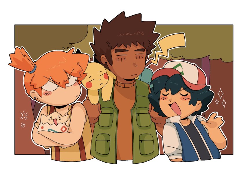 1girl 2boys anger_vein angry annoyed ash_ketchum asymmetrical_hair baseball_cap black_hair blue_jacket blush blush_stickers brock_(pokemon) brown_hair closed_eyes closed_mouth creature crossed_arms dark_skin earrings frown gen_1_pokemon gen_2_pokemon green_vest hair_tie hand_up hat highres holding holding_creature holding_pokemon jacket jewelry jitome misty_(pokemon) multiple_boys nintendo on_shoulder open_clothes open_jacket open_mouth open_vest orange_hair pikachu pokemon pokemon_(anime) pokemon_(classic_anime) pokemon_(creature) pokemon_on_shoulder pokemon_rgby ponytail shirt short_hair short_sleeves side_ponytail sleeveless sleeveless_jacket smile sparkle spiked_hair suspenders tank_top togepi tree turtleneck upper_body v-shaped_eyebrows vest yellow_shirt