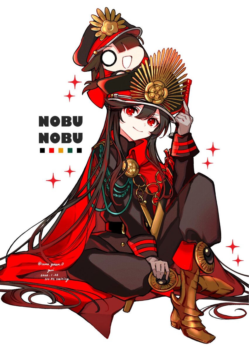black_hair black_jacket black_pants cape collared_cape commentary_request crest family_crest fate/grand_order fate_(series) full_body gloves hat highres jacket katana keikenchi_(style) long_sleeves medallion military_hat mini_nobu_(fate) oda_nobunaga_(fate) oda_uri pants peaked_cap red_cape red_eyes sheath sheathed sitting sparkle sword twitter_username weapon white_background white_gloves yui_(tamagohan)