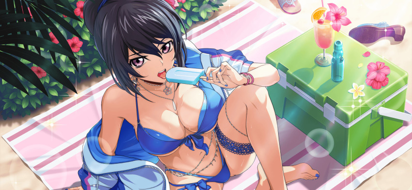 1girl bare_shoulders bikini black_hair blue_bikini blue_nails breasts cleavage code_geass code_geass:_boukoku_no_akito code_geass:_lost_stories collarbone f4samurai food highres ice_cream kousaka_ayano large_breasts looking_at_viewer nail_polish navel official_art open_mouth outdoors purple_eyes short_hair solo swimsuit