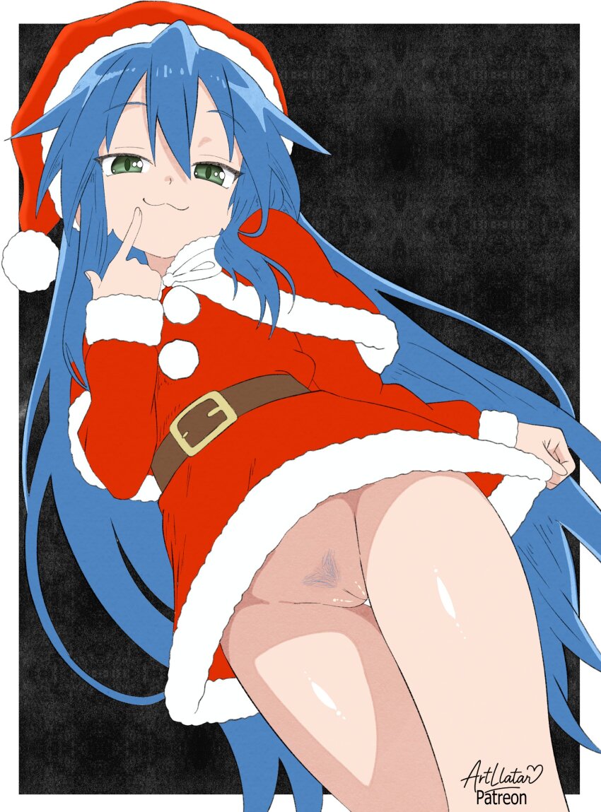 1girl :3 absurdres artllatar belt blue_hair bottomless christmas christmas_clothes cleft_of_venus dress female_pubic_hair green_eyes hat highres izumi_konata legs loli long_hair looking_at_viewer lucky_star no_panties pubic_hair pussy santa_costume santa_hat smug solo standing thighs