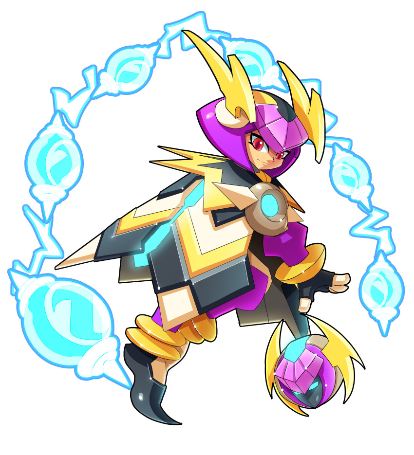 1girl absurdres android biometal bob_cut bodysuit cloak commission dark-skinned_female dark_skin dynatron_(mighty_no._9) electricity full_body highres mega_man_(series) mega_man_zx mighty_no._9 purple_hair red_eyes redesign robot_girl short_hair simple_background smile solo tagme ultimatemaverickx white_background