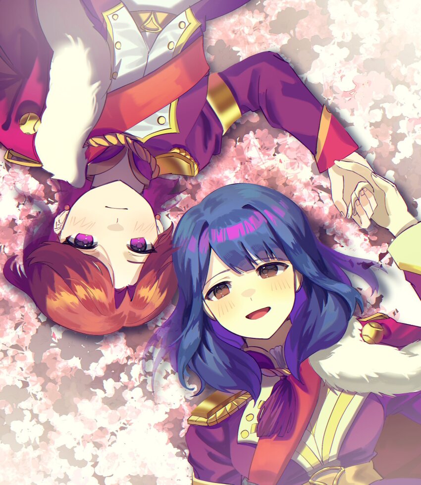 2girls :d :| aayako1455280 arm_up belt blue_hair blush brown_eyes cherry_blossoms closed_mouth earrings epaulettes floral_background from_above fur-trimmed_jacket fur_trim hanayagi_kaoruko hashtag-only_commentary heads_together highres holding_hands isurugi_futaba jacket jacket_on_shoulders jewelry lapels long_sleeves looking_at_viewer lying medium_hair multiple_girls on_back open_mouth parted_bangs pearl_earrings purple_eyes purple_jacket red_hair red_sash rotational_symmetry sash short_hair shoujo_kageki_revue_starlight shoulder_sash smile tassel upper_body upside-down yellow_belt