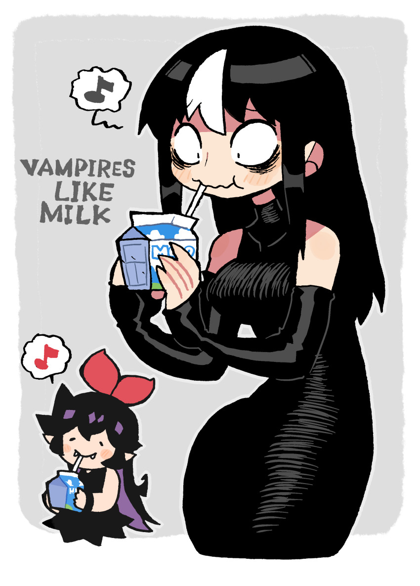 2girls absurdres bags_under_eyes bare_shoulders black_dress black_hair blush_stickers bow bow_hairband breasts carton closed_mouth detached_sleeves dress drink drink_carton drinking drinking_straw drinking_straw_in_mouth elbow_gloves english_text food_packaging glasgow_smile gloves hair_bow hairband highres holding holding_carton holding_drink holding_milk_carton jaggy_lines large_breasts long_dress long_fingers long_hair milk milk_carton multicolored_hair multiple_girls noss_&amp;_zakuro noss_(rariatto) pointy_ears rariatto_(ganguri) red_bow red_hairband ribbed_dress sanpaku smile streaked_hair vampire wavy_mouth white_hair zakuro_(rariatto)