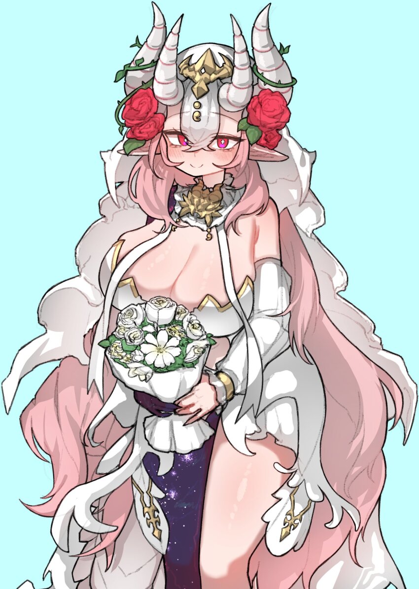 1girl bare_shoulders big_hair blue_background blush bouquet brambles breasts bridal_veil bride cleavage closed_mouth clothing_cutout collar cross-shaped_pupils crossed_bangs detached_sleeves dress flower hair_between_eyes hair_flower hair_ornament halterneck highres holding holding_bouquet horns huge_breasts kim_aendeo long_hair looking_at_viewer navel_cutout original pink_eyes pink_hair pointy_ears red_eyes rose sidelocks simple_background smile solo standing symbol-shaped_pupils thick_thighs thighs thorns tsurime unkempt veil very_long_hair wavy_hair wedding_dress white_dress