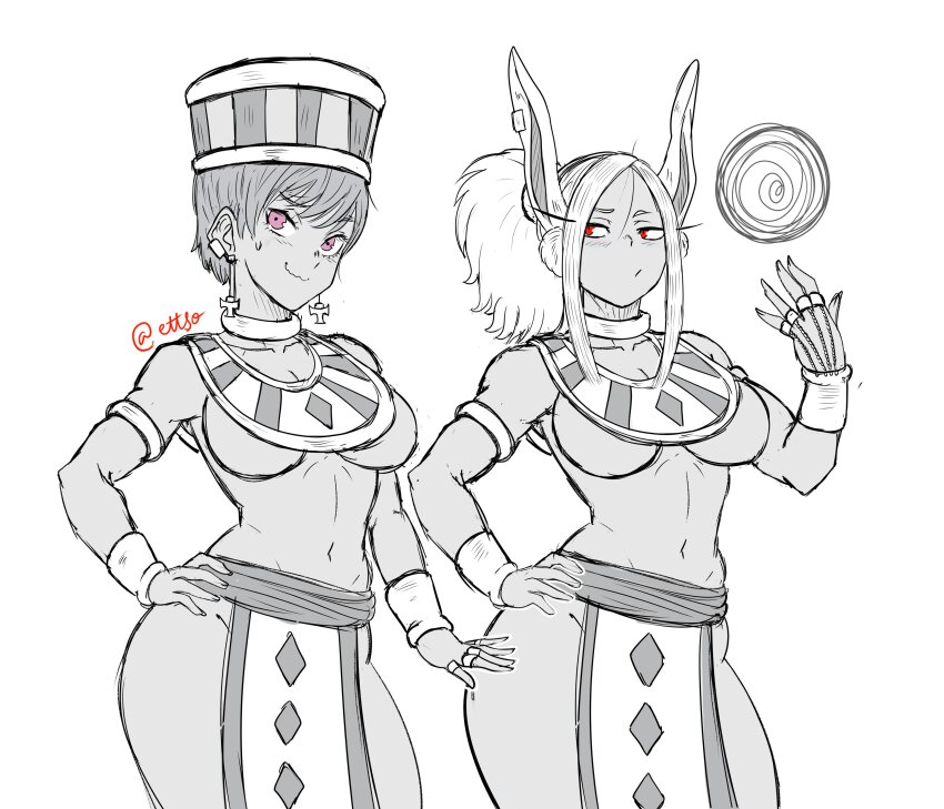 2girls absurdres blush boku_no_hero_academia breasts cheelai crossover curvy dragon_ball dragon_ball_super dragon_ball_super_broly ettso greyscale hand_on_own_hip highres jewelry large_breasts midriff mirko monochrome multiple_girls navel nervous_smile pink_eyes rabbit_ears red_eyes smile spot_color twitter_username white_background wide_hips