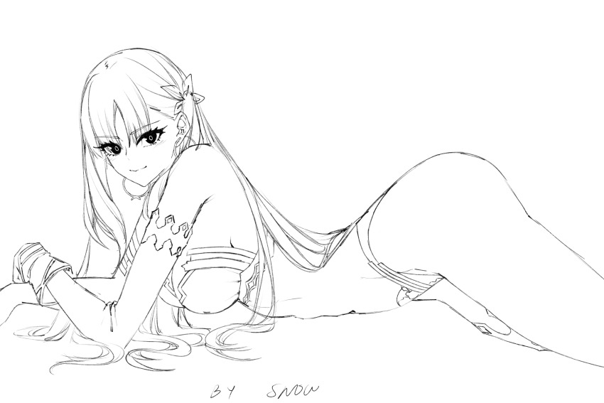 1girl arm_warmers artist_name ass asymmetrical_sleeves bare_shoulders breasts cleavage closed_mouth commentary cosplay detached_sleeves earrings english_commentary fate/grand_order fate/strange_fake fate_(series) fillia_(fate) highres hoop_earrings ishtar_(fate) ishtar_(fate)_(cosplay) jewelry long_hair looking_at_viewer lying medium_breasts on_stomach one_side_up simple_background single_arm_warmer single_detached_sleeve single_sleeve single_thighhigh sketch smile solo suhyeon thighhighs uneven_sleeves unfinished white_background white_hair