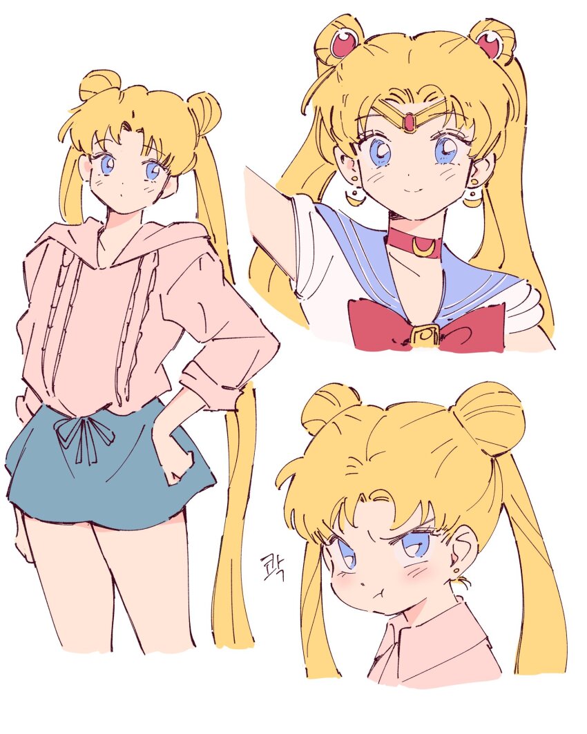 1girl bishoujo_senshi_sailor_moon blue_eyes blue_sailor_collar blue_skirt blush bow bowtie choker closed_mouth collared_shirt cowboy_shot crescent crescent_choker crescent_earrings double_bun earrings furrowed_brow gem hair_bun hand_on_own_hip highres hood hood_down hoodie jewelry long_hair long_sleeves looking_at_viewer miniskirt multiple_views parted_bangs pink_hoodie pink_shirt polo_tokki pout red_bow red_bowtie red_choker red_gemstone sailor_collar sailor_moon sailor_senshi_uniform shirt short_sleeves skirt smile stud_earrings tiara tsukino_usagi twintails upper_body very_long_hair white_background white_shirt