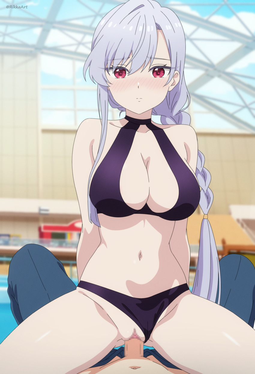 1boy 1girl :| absurdres artist_name bikini bikini_bottom_aside black_bikini blurry braid breasts censored cleavage closed_mouth clothing_aside commentary_request cowgirl_position eiai_nano erection grey_hair hetero highres indoors kimi_no_koto_ga_dai_dai_dai_dai_daisuki_na_100-nin_no_kanojo large_breasts long_hair looking_at_viewer mosaic_censoring navel paid_reward_available penis pool pov pov_crotch public_indecency pussy red_eyes rikka_(rikkaarts) sex single_braid straddling swimsuit vaginal very_long_hair