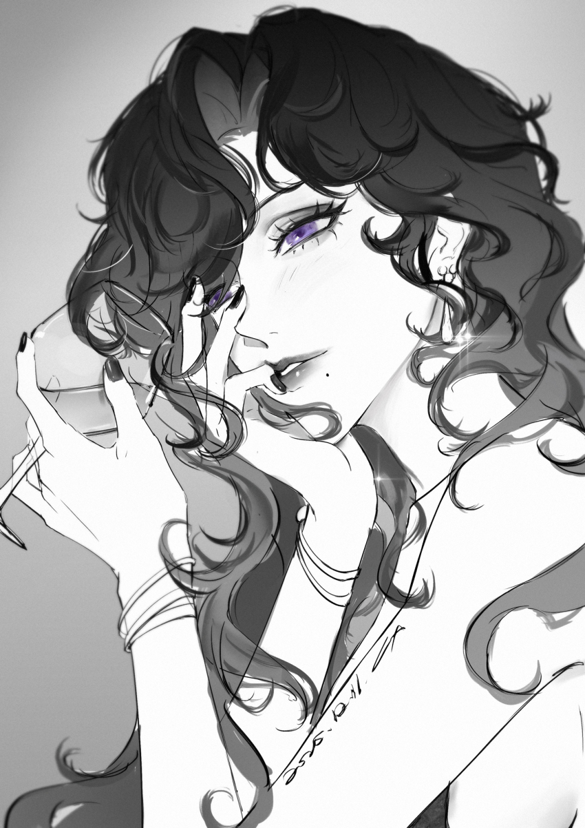 arm_tattoo bare_arms cat&#039;s_eye chinese_commentary commentary cup curly_hair diffraction_spikes drinking_glass earrings from_side glint greyscale hair_over_one_eye hand_on_own_face head_rest highres holding holding_cup jewelry kisugi_rui looking_to_the_side maila_moguyu mole mole_under_mouth monochrome nail_polish parted_lips purple_eyes smile solo spot_color tattoo upper_body wine_glass