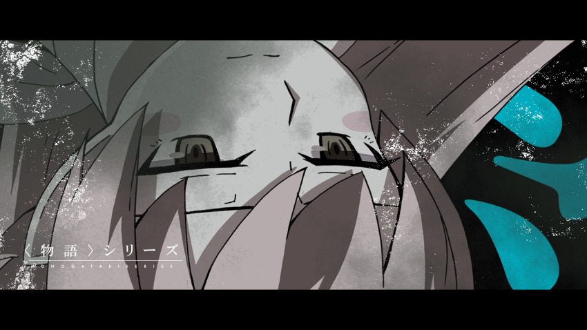 1girl aqua_background black_background black_border blonde_hair blush_stickers border close-up closed_mouth copyright_name expressionless grey_eyes hair_between_eyes halterneck long_hair mold monogatari_(series) oshino_shinobu pointy_ears ringed_eyes sidelocks solo sonikkusupin stain two-tone_background upside-down