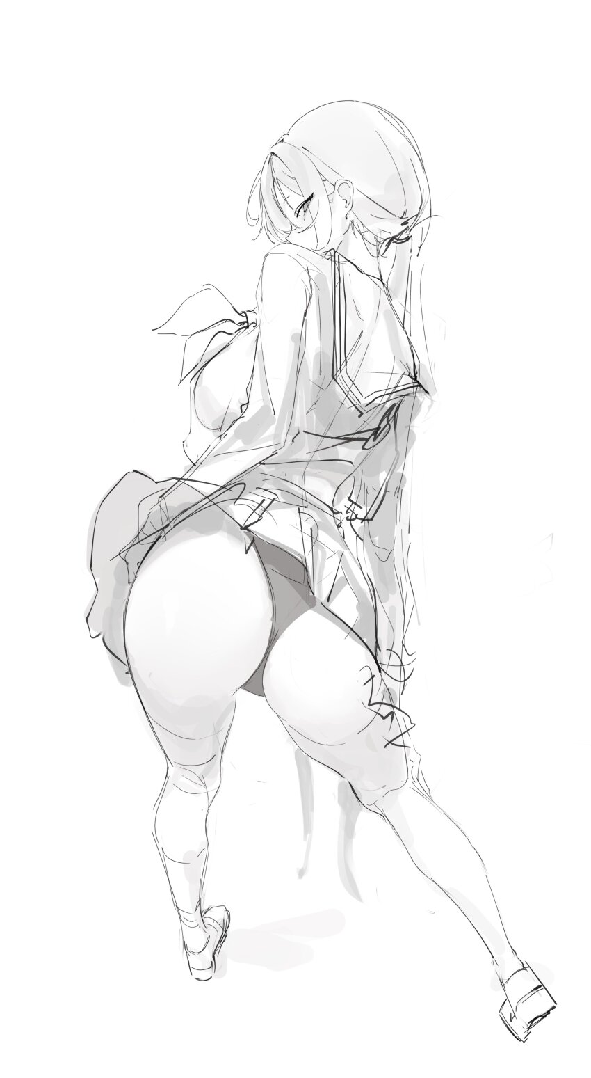 1girl absurdres ass ass_focus bent_over black_panties breasts classroom crop_top crop_top_overhang from_above from_behind from_side full_body greyscale hair_ornament hair_tie high-waist_skirt highres laneigu large_breasts looking_at_viewer looking_back low_twintails mole mole_under_eye monochrome narrowed_eyes neckerchief original panties perspective pleated_skirt sailor_collar school_uniform see-through_clothes see-through_shirt shirt short_sleeves sideboob sketch skirt skirt_flip socks solo twintails underboob underwear white_skirt white_socks yuzu_(laneigu)
