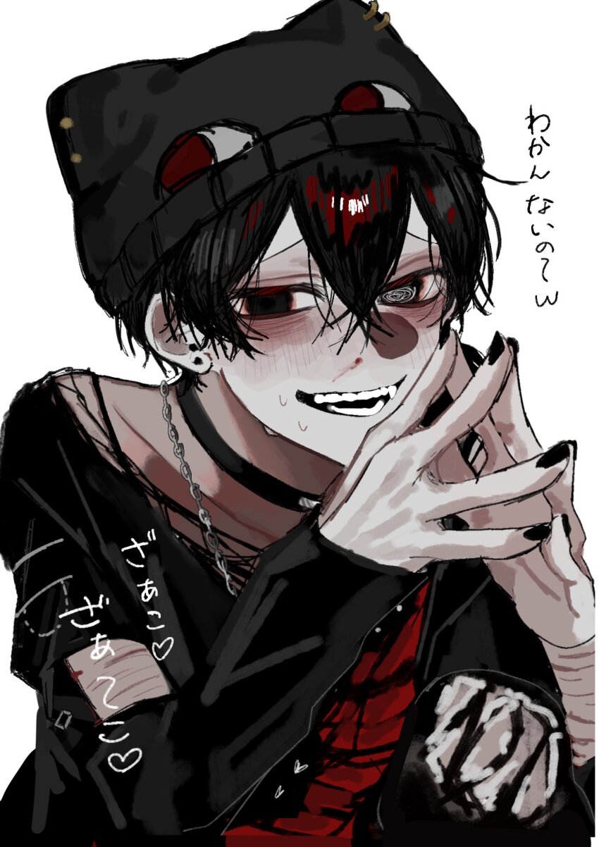 1boy :d @_@ aegyo_sal bags_under_eyes black_eyes black_hair black_jacket black_nails blood collar commentary_request crossed_bangs double-parted_bangs grin hair_between_eyes hat highres hosikage4040 jacket jewelry looking_at_viewer male_focus necklace nervous_sweating nosebleed open_mouth original red_shirt scar scar_on_arm self-harm shirt short_hair smile solo steepled_fingers sweat torn_clothes torn_shirt wrist_cutting