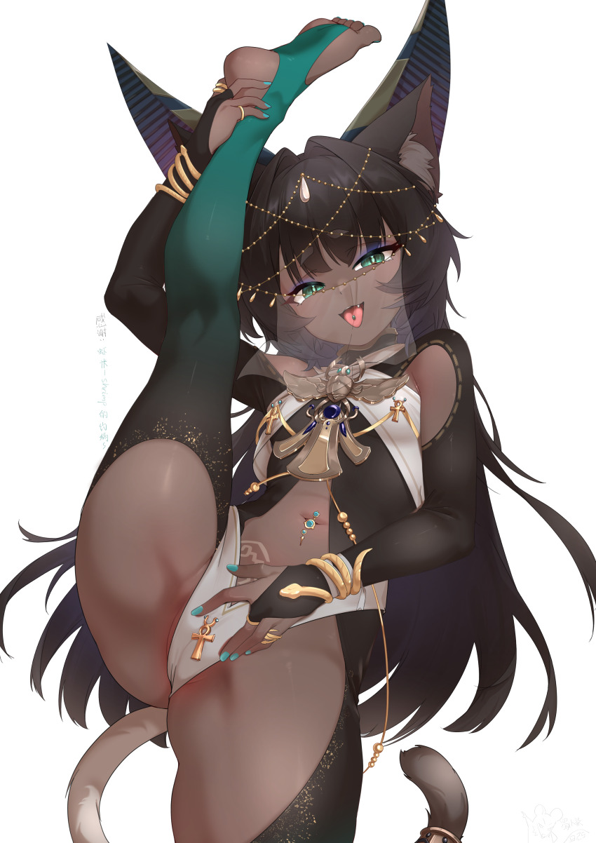 1girl absurdres ancient_egyptian_clothes animal_ears ankh armpits bodystocking breasts brown_egyptian_cat-eared_loli_(trend) brown_hair cat_ears cat_girl cat_tail dancer dark-skinned_female dark_skin eyebrows_hidden_by_hair flexible green_eyes hand_on_own_crotch highres hinanawi_mika jewelry loli long_hair looking_at_viewer nail_polish navel_piercing necklace open_mouth original piercing see-through_clothes see-through_veil simple_background slit_pupils small_breasts smile soles solo split standing standing_on_one_leg standing_split tail toes tongue tongue_out veil very_long_hair white_background