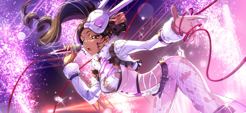 1girl arm_up armpits bindi black_gloves black_hair blue_eyes braid breasts cleavage cleavage_cutout clothing_cutout code_geass code_geass:_lost_stories code_geass_(manga) commentary_request crop_top cropped_torso dark-skinned_female dark_skin earrings f4samurai forehead game_cg glasses gloves grey-framed_eyewear half-closed_eyes half_up_braid hand_up highres holding holding_microphone idol indian jewelry kagari_savitri long_hair looking_afar medium_breasts microphone official_art open_mouth presenting_armpit semi-rimless_eyewear shirt simple_background sleeveless sleeveless_shirt solo standing stud_earrings stylus sweat teeth transparent_background upper_body
