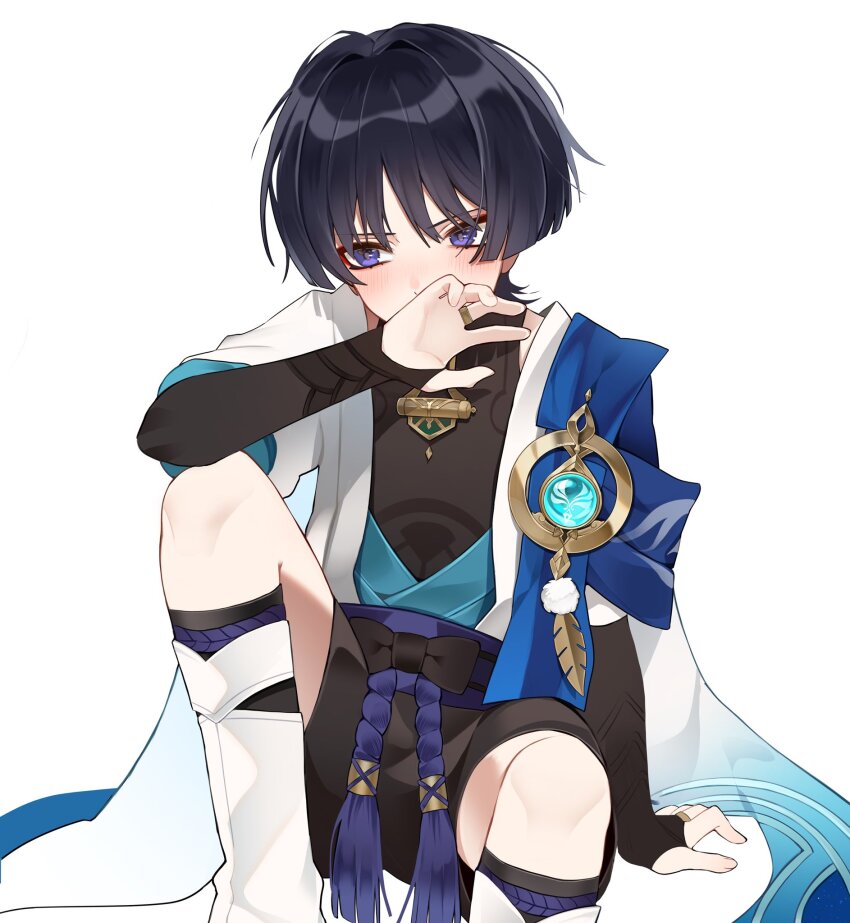 1boy anemo_symbol_(genshin_impact) arm_at_side arm_on_knee arm_support armor averting_eyes black_bodysuit black_bow black_bridal_gauntlets black_hair black_shorts blue_cape blue_kimono blue_sleeves blunt_ends blush bodysuit bow bridal_gauntlets cape commentary covering_own_mouth embarrassed eyeliner feathers fingernails furisode genshin_impact gold gold_ring hair_intakes hand_over_own_mouth hand_up highres japanese_armor japanese_clothes juban kimono knee_up kote kurokote layered_sleeves leg_warmers looking_to_the_side makeup male_focus middle_ring open_clothes open_kimono pom_pom_(clothes) purple_eyes purple_rope purple_sash red_eyeliner rope samon_(vxxr8575) sash scaramouche_(genshin_impact) short_sleeves shorts shoulder_peek sitting solo symbol-only_commentary tassel tsurime vision_(genshin_impact) wanderer_(genshin_impact) white_kimono white_leg_warmers white_sleeves white_trim wispy_bangs yellow_feathers