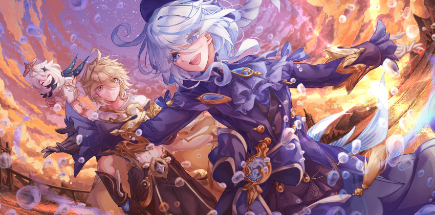 1boy 2girls absurdres aether_(genshin_impact) ascot asymmetrical_gloves black_gloves blitz_predator blonde_hair blue_ascot blue_eyes blue_hair blue_jacket blue_scarf brown_pants cloud cowlick furina_(genshin_impact) genshin_impact gloves hair_ornament halo highres jacket jewelry long_sleeves medium_hair midriff mismatched_gloves multicolored_hair multiple_girls navel open_mouth paimon_(genshin_impact) pants romper scarf sky star_(symbol) star_hair_ornament sun sunset vambraces vision_(genshin_impact) water water_drop white_gloves white_hair white_romper white_scarf yellow_eyes