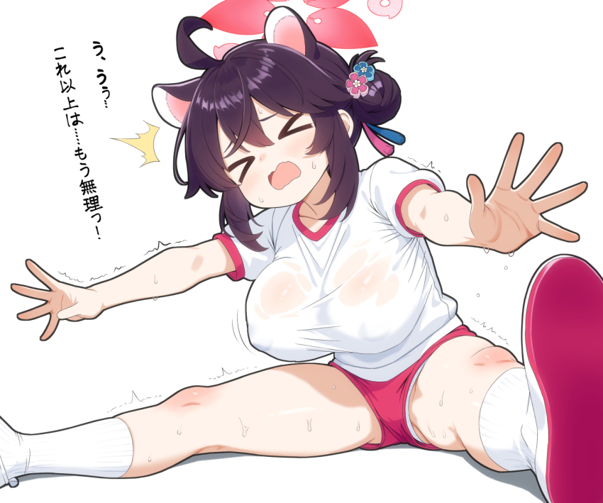 >_< 1girl ahoge alternate_costume animal_ears blue_archive breasts buruma closed_eyes commentary covered_erect_nipples exercising flower gym_shirt gym_uniform hair_bun hair_flower hair_ornament halo kaede_(blue_archive) large_breasts medium_hair mutsuse no_bra open_mouth oppai_loli panties panties_under_buruma pantyshot purple_hair raccoon_girl red_buruma red_halo shirt shoes socks solo spread_legs sweat translated underwear wet wet_clothes wet_shirt white_background white_panties white_shirt