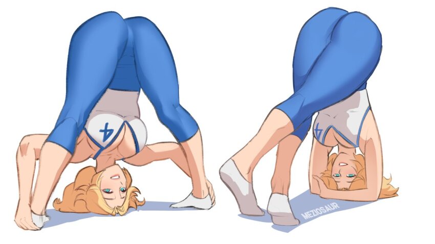 1girl armpits artist_name ass blonde_hair blue_eyes breasts closed_mouth exercising fantastic_four high-waist_pants large_breasts marvel marvel_rivals medium_hair meziosaur pants parted_bangs ankle_socks smile socks solo spread_legs stretching sue_storm tank_top white_socks yoga yoga_pants