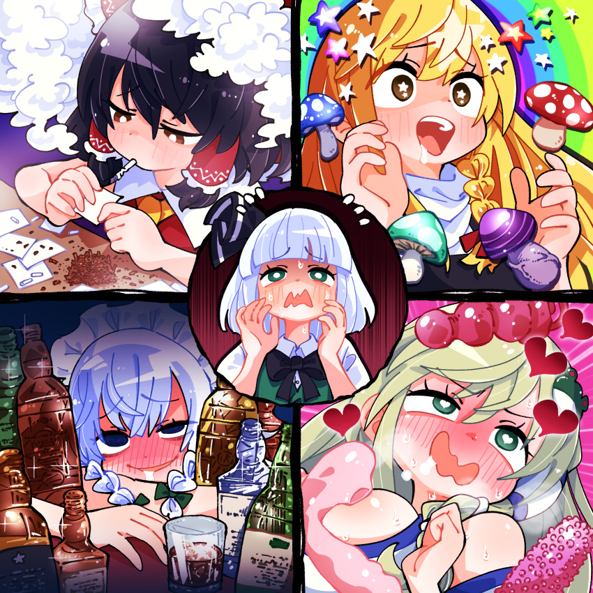 5girls alcohol anal_beads black_hair blonde_hair blue_hair blunt_bangs blush bottle bow braid braided_bangs breath bright_pupils clitoral_suction_vibrator commentary drooling drugs drunk flying_sweatdrops gram_9 green_bow green_hair grey_hair hair_bow hakurei_reimu heart heart-shaped_pupils highres izayoi_sakuya kirisame_marisa kochiya_sanae konpaku_youmu multiple_girls mushroom nervous_sweating nose_blush saliva sex_toy smoking star-shaped_pupils star_(symbol) sweat symbol-shaped_pupils touhou trait_connection veiny_mushroom wavy_mouth white_pupils