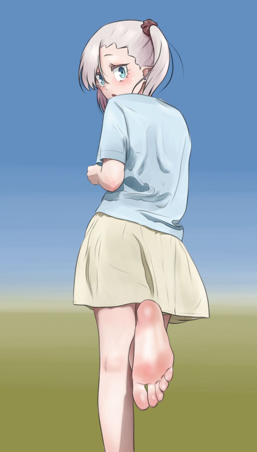 1girl barefoot blue_eyes chanto_suenai_kyuuketsuki-chan feet highres ishikawa_luna long_hair looking_at_viewer looking_back parted_lips pointy_ears shirow_(mha03133) soles toes twintails white_hair