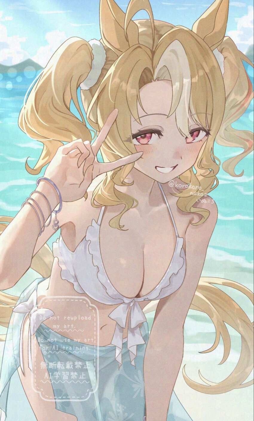1girl ahoge animal_ears bare_shoulders beach bikini blonde_hair blue_sarong blue_sky blush bracelet breasts cleavage cloud commentary_request fusaichi_pandora_(umamusume) grin hair_between_eyes hair_ornament highres horse_ears horse_girl horse_tail jewelry korokoro_nekoz large_breasts long_hair looking_at_viewer multicolored_hair navel open_mouth outdoors red_eyes sarong sky smile solo stomach swimsuit tail teeth twintails umamusume v water white_bikini